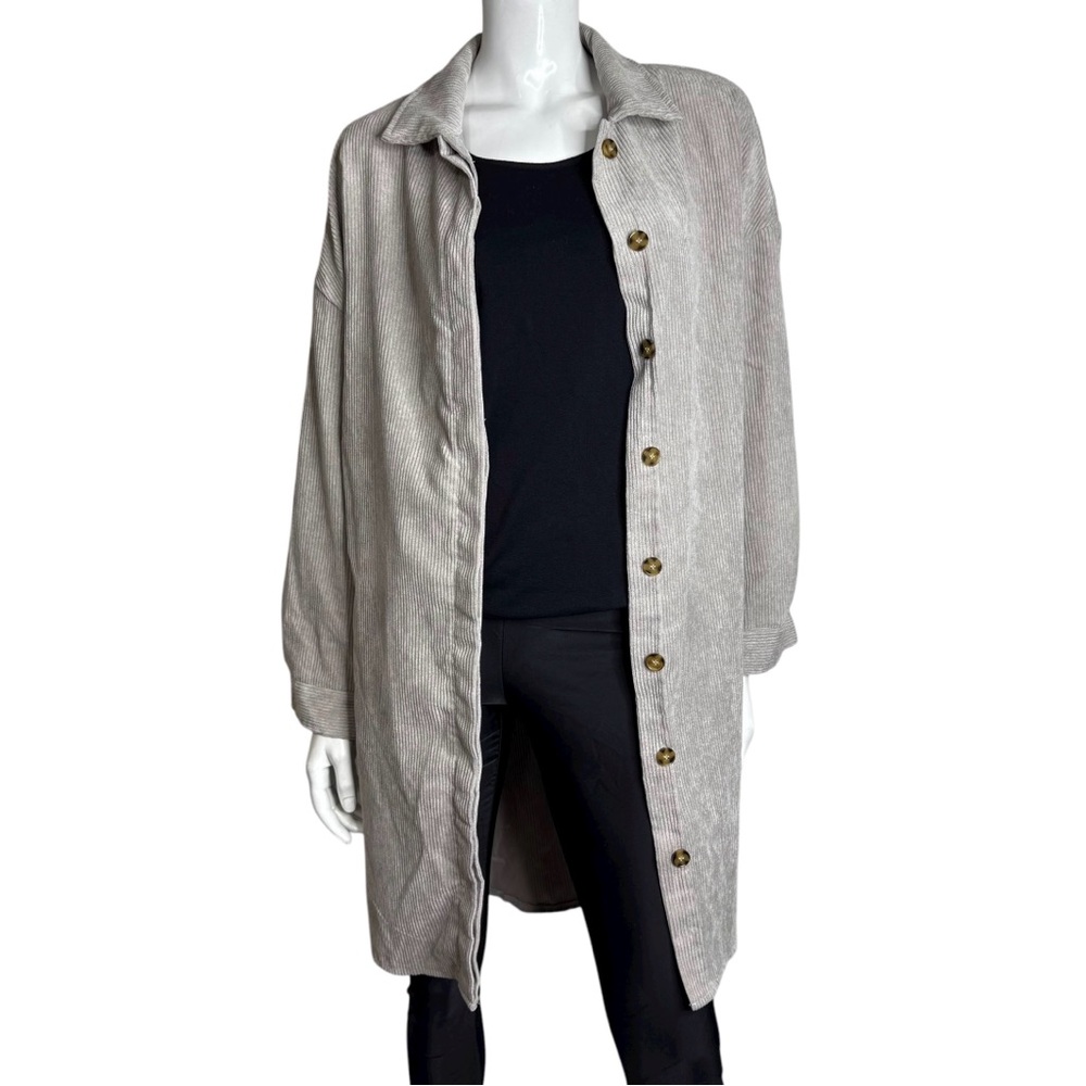 Elegant Gray Longline Button Down Corduroy Shacket Jacket - Picture 4 of 7